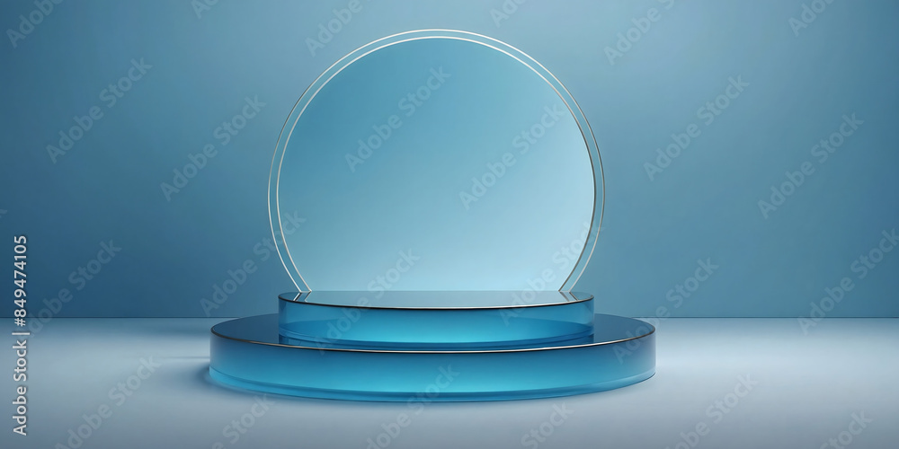 3D realistic blue gradient empty podium platform product display with circle glass backdrop minimal wall scene background copy space. You can use a cosmetic mockup presentation, ads 3D realistic blue gradient empty podium platform product display with circle glass backdrop minimal wall scene background copy space. You can use a cosmetic mockup presentation, ads