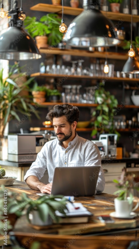 A focused entrepreneur works diligently on a laptop in a modern, plant-filled workspace. The ambiance is stylish with industrial elements and warm lighting. A focused entrepreneur works diligently on a laptop in a modern, plant-filled workspace. The ambiance is stylish with industrial elements and warm lighting.