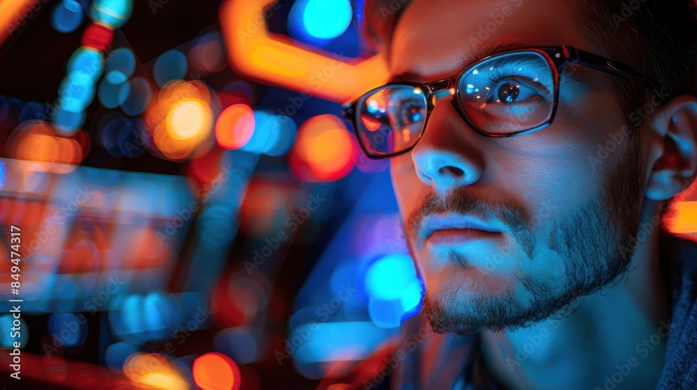 A tech professional with glasses gazes intently at a digital tablet surrounded by vibrant, neon-lit futuristic technology.