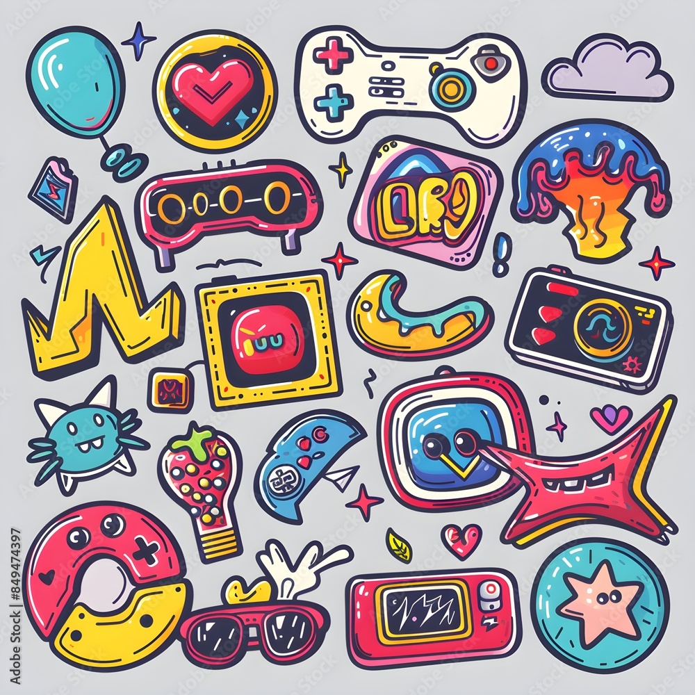 Fototapeta premium set of funny cartoon monsters,Gaming supplies colorful set of doodles on white background Generative AI, 
