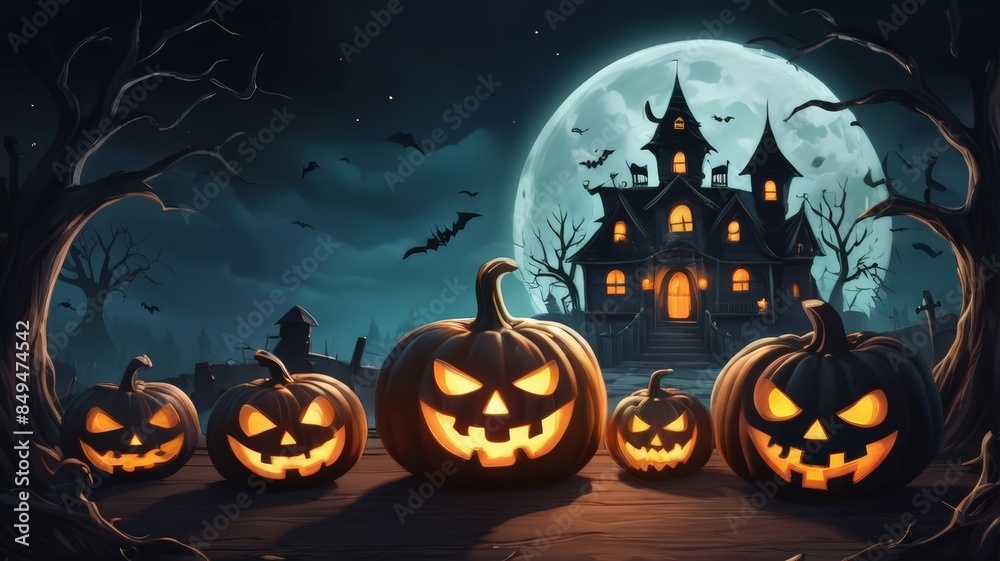 Haunted house at Halloween with moon and bats at night as scary background illustration. Halloween Spooky House Haunted house at Halloween with moon and bats at night as scary background illustration. Halloween Spooky House