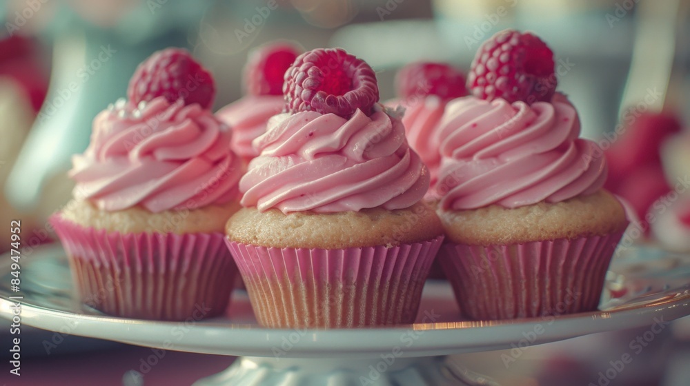 Close-up of creamy cupcakes on a plate, topped with fresh raspberries and captured in a drone shot with a cinematic look. Close-up of creamy cupcakes on a plate, topped with fresh raspberries and captured in a drone shot with a cinematic look.