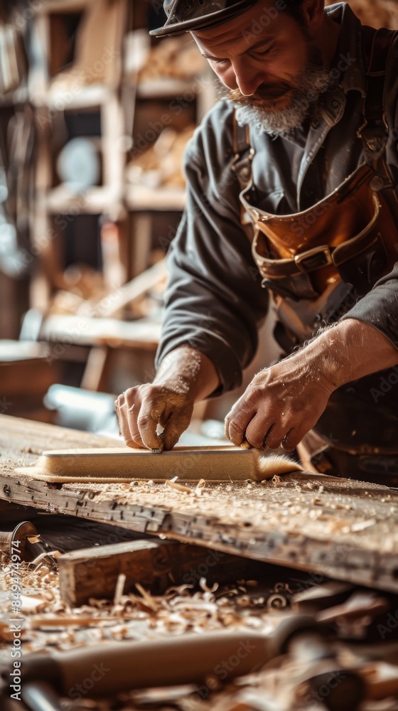 A close-up of a carpenter's hands sanding a piece of wood in a workshop. The setting is detailed with wood shavings and woodworking tools in the background. A close-up of a carpenter's hands sanding a piece of wood in a workshop. The setting is detailed with wood shavings and woodworking tools in the background.