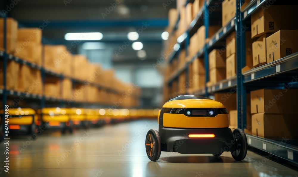 Sensor-enabled delivery robots are parked in a modern, spacious warehouse with goods on shelves for shipment against a blurred interior backdrop Sensor-enabled delivery robots are parked in a modern, spacious warehouse with goods on shelves for shipment against a blurred interior backdrop