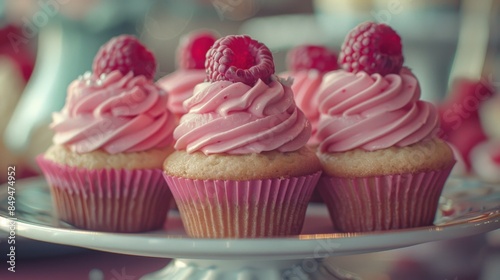 Close-up of creamy cupcakes on a plate, topped with fresh raspberries and captured in a drone shot with a cinematic look.
