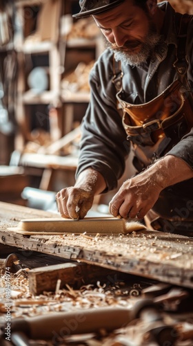 A close-up of a carpenter's hands sanding a piece of wood in a workshop. The setting is detailed with wood shavings and woodworking tools in the background. © neatlynatly