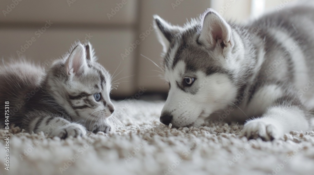 Obraz premium Portrait of a Husky dog with a cat
