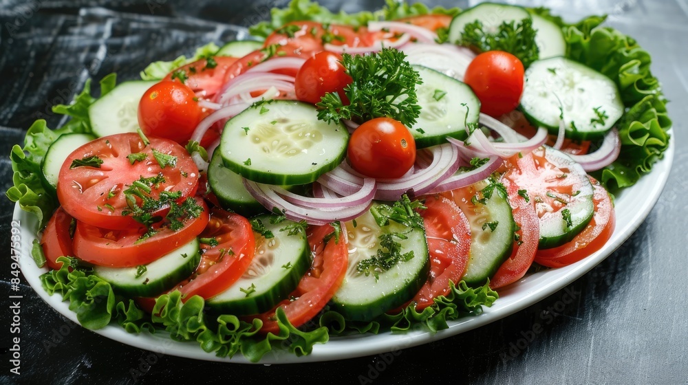 Healthy and tasty vegetable salad on a white platter consisting of fresh tomatoes cucumbers onions and lettuce