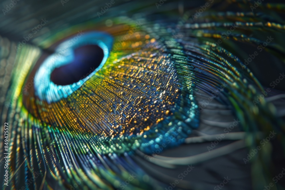 Naklejka premium Experience the intricate texture and vivid colors of a peacock feather in this immersive 3D visualization.