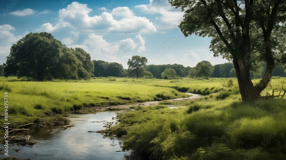 Fototapeta premium A Serene Summer Landscape with a Flowing River and Lush Green Meadow