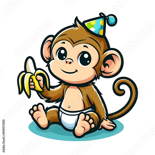 A cartoon of a monkey design colours drawing graphic holding a banana engaging Artistic engaging creative.