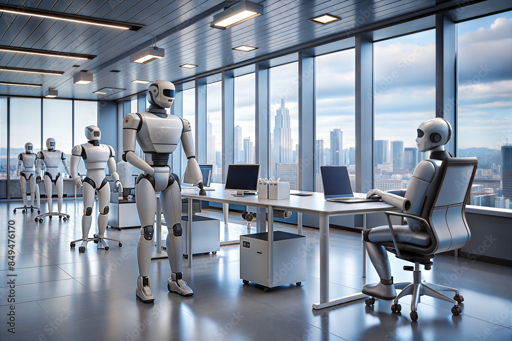 Fototapeta premium Robots Working in a Modern Office Setting With a City View