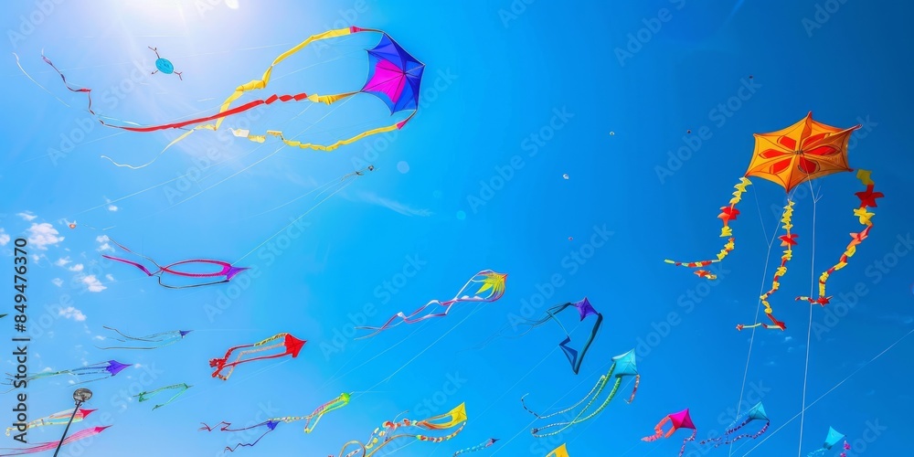 Festival of kites flying in the clear blue sky Festival of kites flying in the clear blue sky