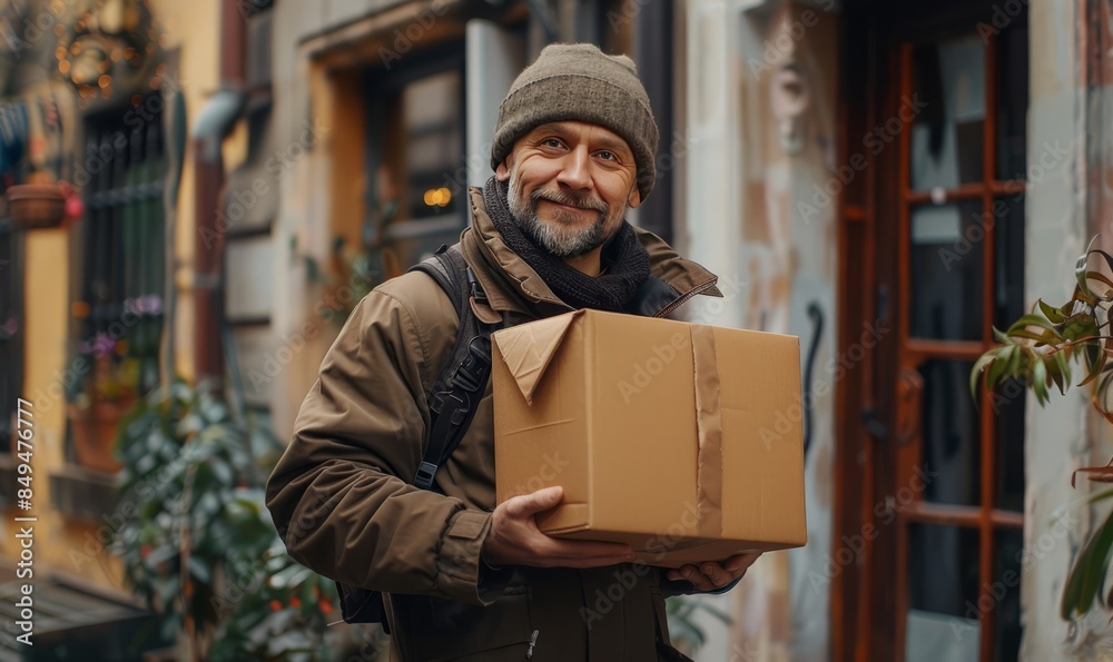 delivery man giving parcel from delivery service delivery man giving parcel from delivery service