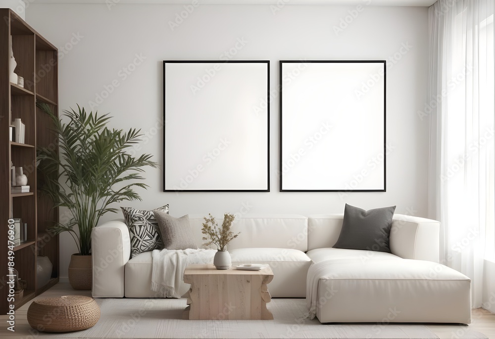 Mockup poster frames on the wall of the dining room. Modern Interior mockup. Apartment background. Modern Japandi interior design. 3D render Mockup poster frames on the wall of the dining room. Modern Interior mockup. Apartment background. Modern Japandi interior design. 3D render
