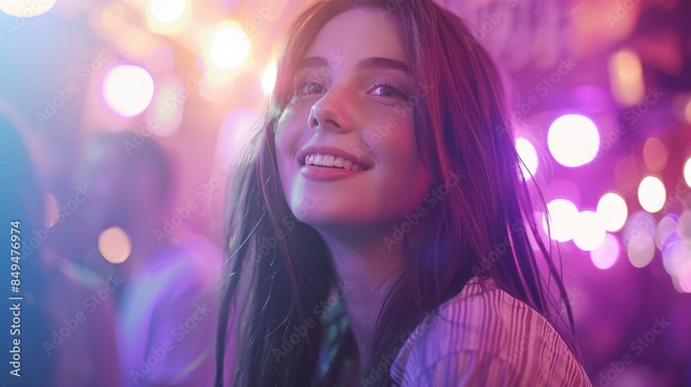 A joyful young woman smiles under vibrant, colorful lighting at a lively retro dance party with friends. A joyful young woman smiles under vibrant, colorful lighting at a lively retro dance party with friends.