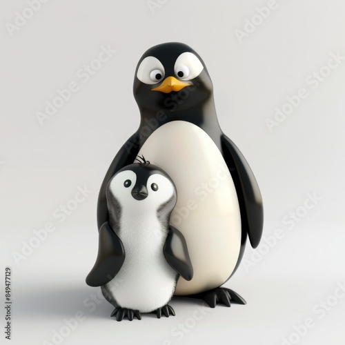 Penguin with cub. 3D rendering cute animal isolated over white background.