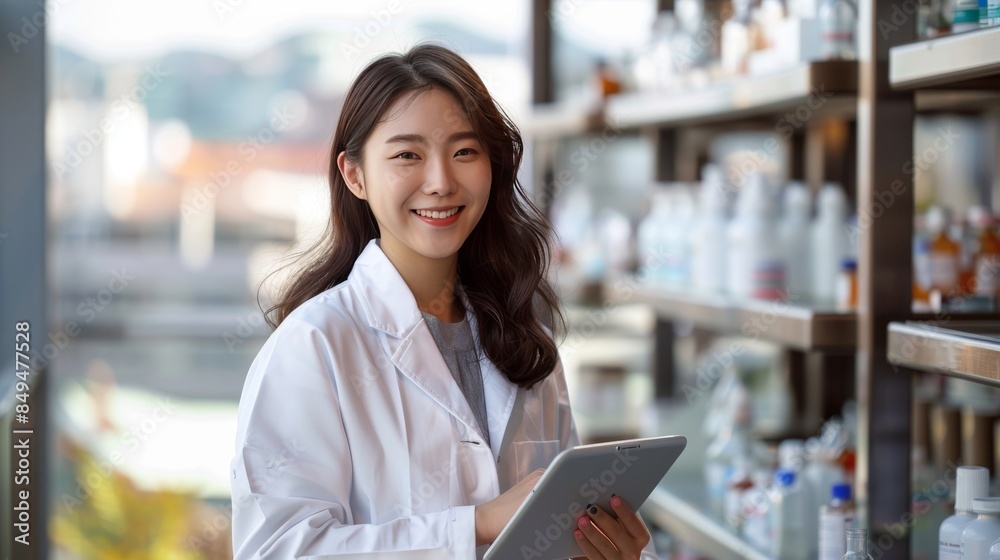 Smiling Asian woman in white lab coat holding tablet Stand confidently in front of a shelf lined with bottles in a pharmacy background. professional demeanor Smiling Asian woman in white lab coat holding tablet Stand confidently in front of a shelf lined with bottles in a pharmacy background. professional demeanor