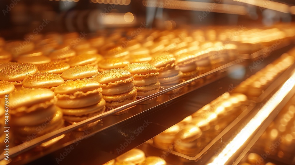 Close-up of golden-hued macaroons neatly arranged in trays within a display cabinet, captured with a warm, glowing effect.