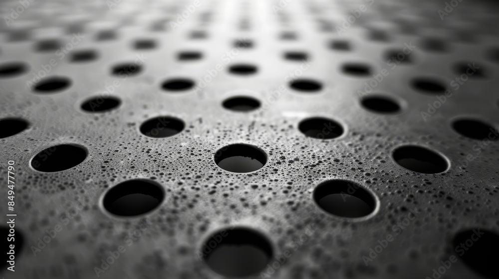 High contrast close-up of a metal surface with small perforations, showcasing the abstract beauty of industrial materials High contrast close-up of a metal surface with small perforations, showcasing the abstract beauty of industrial materials