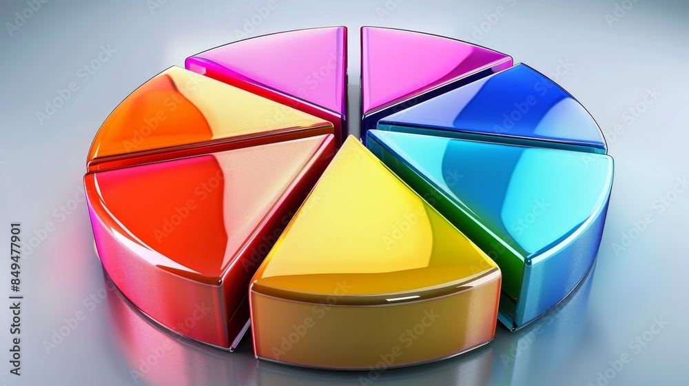 Obraz premium High-gloss 3D pie chart, vibrant colored slices, minimalist design, illustrating data analysis and visualization concepts