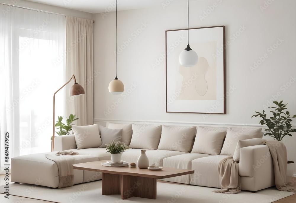 Naklejka premium Mockup poster frames on the wall of the dining room. Modern Interior mockup. Apartment background. Modern Japandi interior design. 3D render