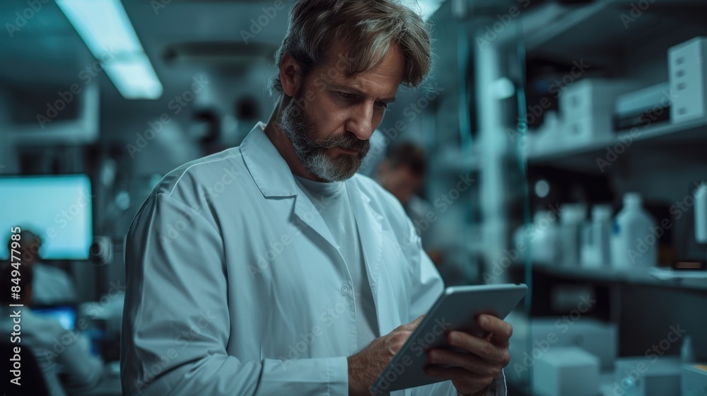 A tech-savvy professional in a lab coat uses a digital tablet in a modern laboratory environment, focusing intently on his work. A tech-savvy professional in a lab coat uses a digital tablet in a modern laboratory environment, focusing intently on his work.