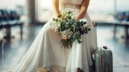 Just married woman in wedding dress with bouquet of flowers in hands sit in airport with baggage. Waiting for honeymoon tourney or romantic journey in airplane.