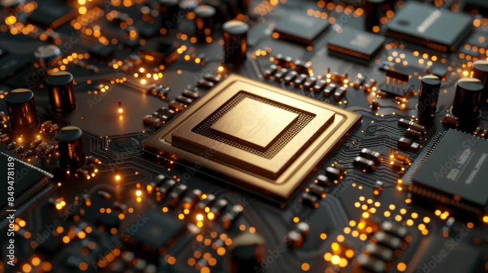 Intricate gold circuit board and microchip on a modern CPU, rendered in 3D against a black backdrop, ideal for tech presentations Intricate gold circuit board and microchip on a modern CPU, rendered in 3D against a black backdrop, ideal for tech presentations
