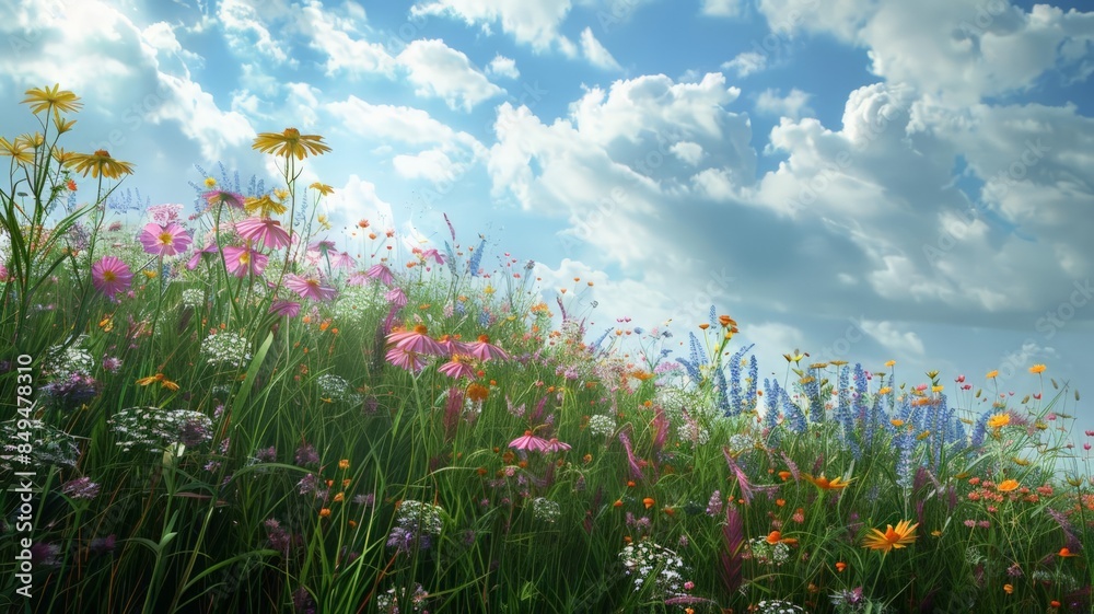 Obraz premium Wildflower Meadow in Full Bloom. Bright flowers against a cloudy sky.
