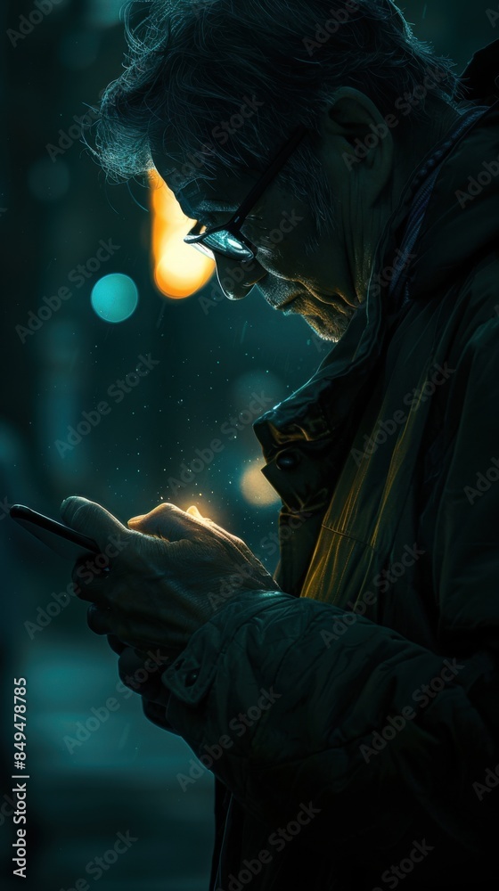 Fototapeta premium A tech professional in a dimly lit environment intently looks at a digital tablet, with soft ambient lighting casting a glow on his face.