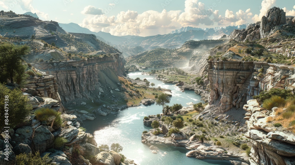 The expansive canyon is bathed in sunlight, revealing a river that flows through the heart of the rocky landscape. Clouds dot the sky, adding depth to the scene. The expansive canyon is bathed in sunlight, revealing a river that flows through the heart of the rocky landscape. Clouds dot the sky, adding depth to the scene.