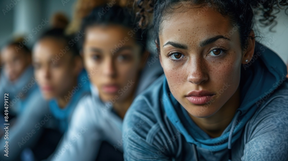 A young woman in sportswear is working out on a stationary fitness machine, with a focused expression. Several other individuals in similar attire are blurred in the background. A young woman in sportswear is working out on a stationary fitness machine, with a focused expression. Several other individuals in similar attire are blurred in the background.