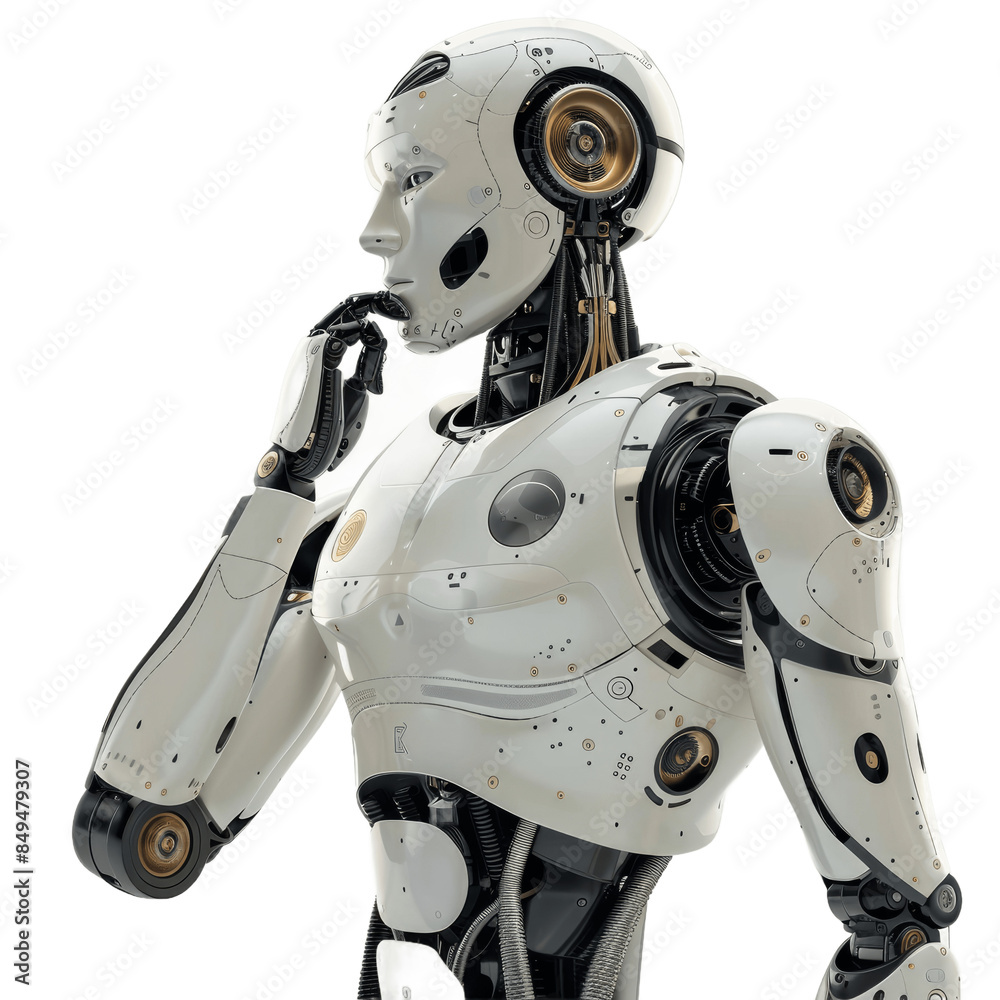 Fototapeta premium 3d humanoid robot thinking on white transparent background