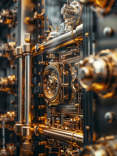 Financial security concept. A detailed close-up of a bank vault door with intricate locking mechanisms and golden tones, suggesting impenetrability and the secure protection of assets. photo