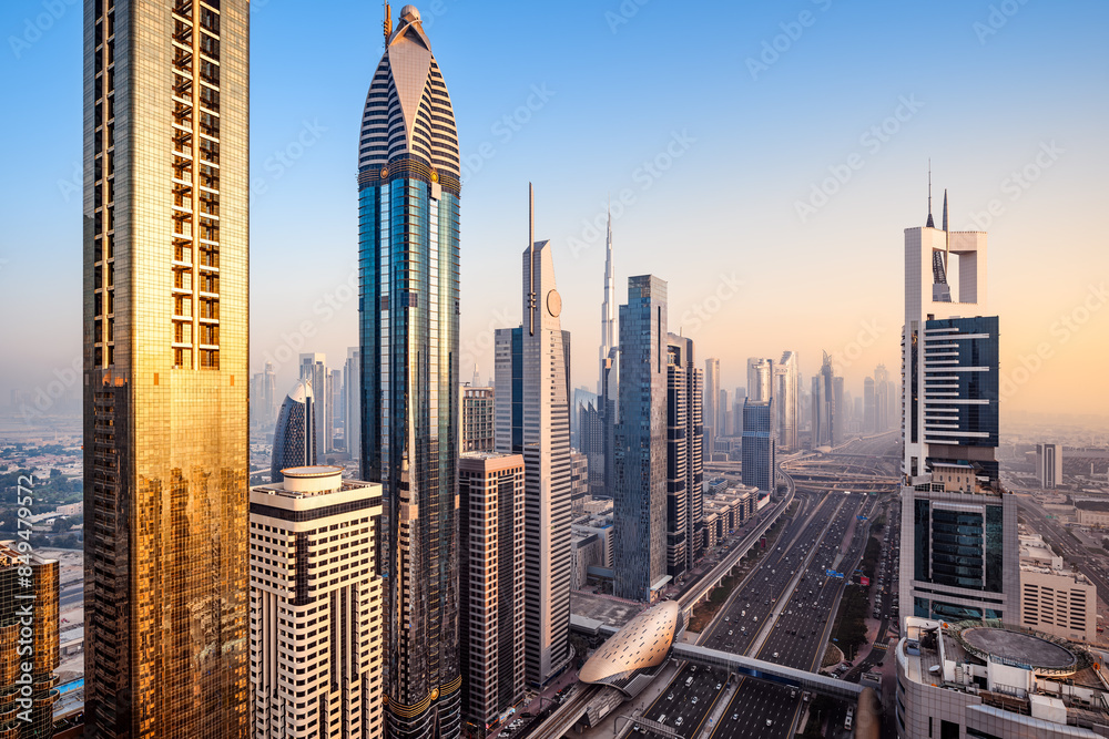 the skyline of dubai during sunset