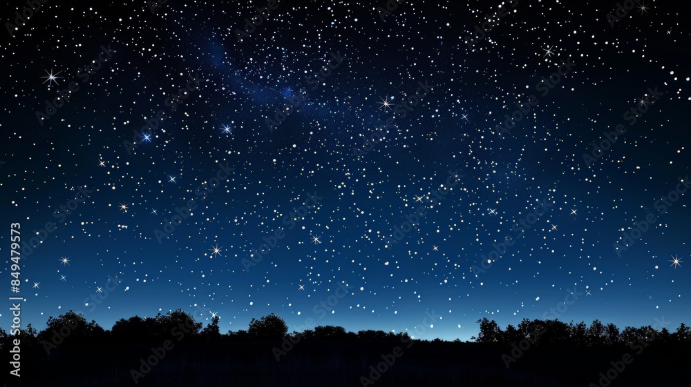 A clear night sky filled with countless stars twinkles above the silhouette of a forest. The serene scene evokes a sense of calm and wonder.