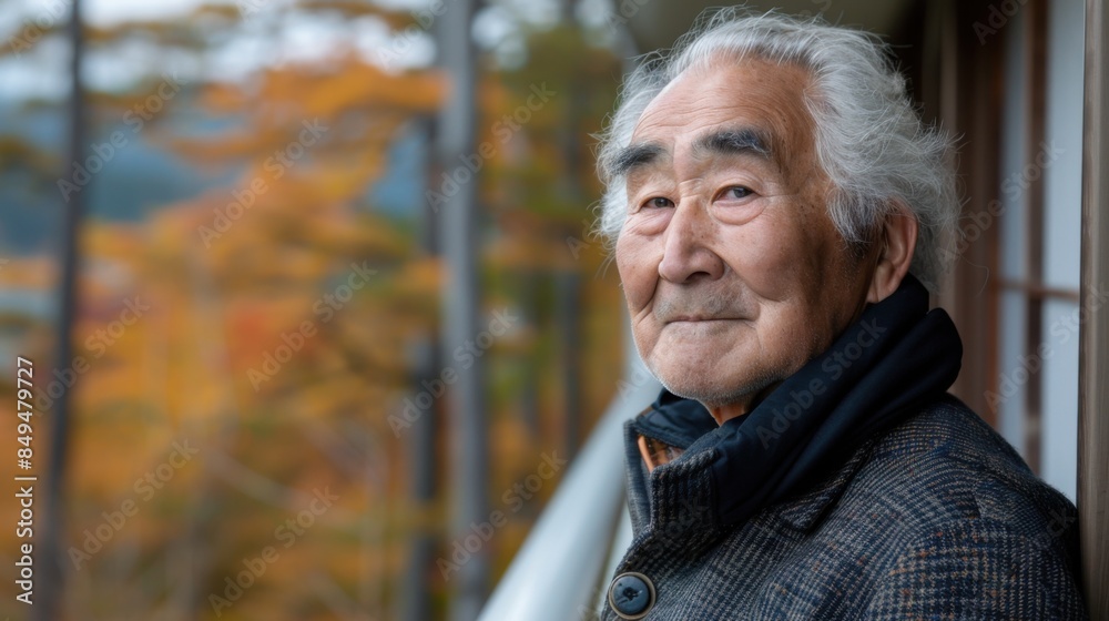 A Japanese senior man with gray hair and a black scarf smiling slightly in an outdoor setting with autumn foliage in the background, suggesting a peaceful and reflective mood. A Japanese senior man with gray hair and a black scarf smiling slightly in an outdoor setting with autumn foliage in the background, suggesting a peaceful and reflective mood.