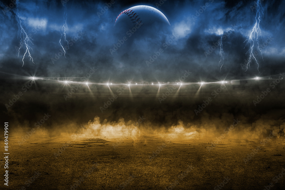 Fototapeta premium Stormy Clouds and Lightning Over Empty Baseball Field