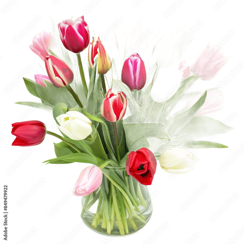 A Vase with red pink and white tulips on white transparent background
