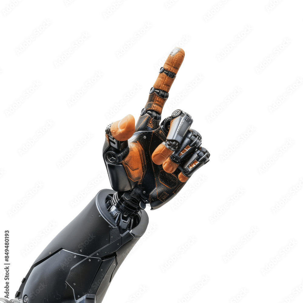 Cyborg hand finger pointing on white transparent background technology ...