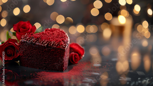 Red velvet chocolate heart-shaped cake isolated bokeh background. Valentine's Day treats background  photo