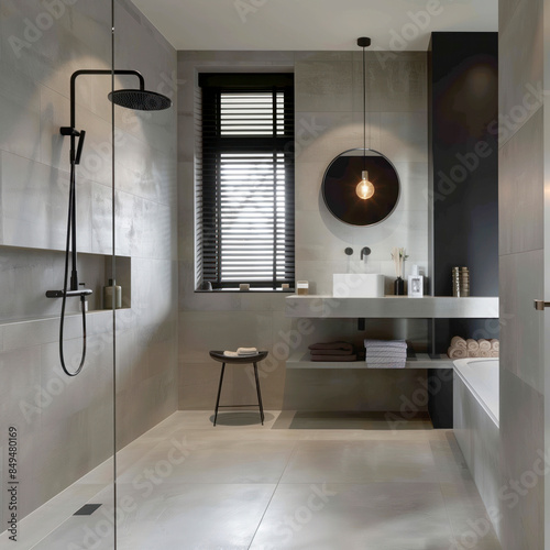 A refined and tastefully designed shower space with sleek grey tiling and contemporary bathroom fixtures