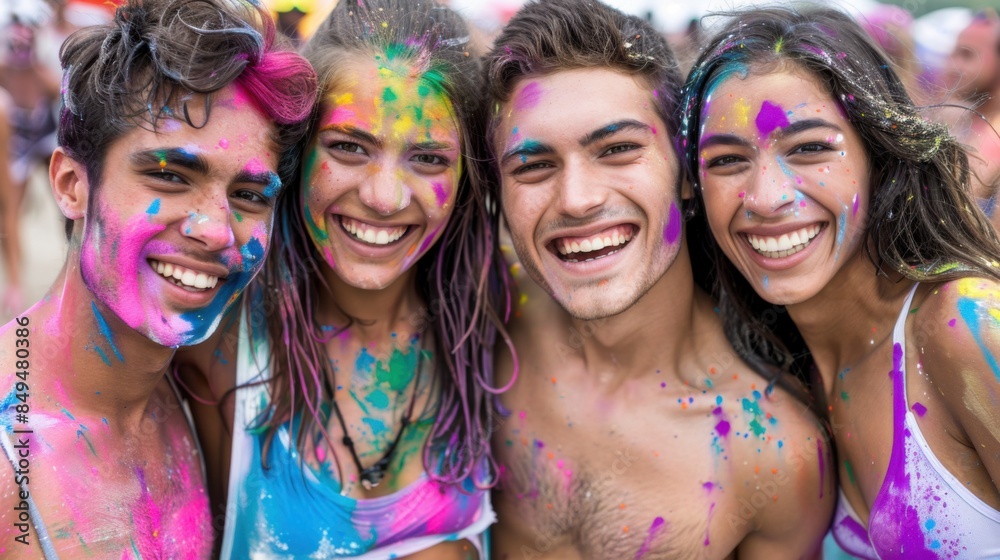 A group of friends with colorful paint on their faces and bodies are laughing and having fun, creating a joyful and vibrant atmosphere. A group of friends with colorful paint on their faces and bodies are laughing and having fun, creating a joyful and vibrant atmosphere.