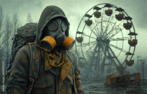 Stalker mood, A person in a gas mask with a backpack in a post-apocalyptic setting, with a ferris wheel in a foggy, desolate landscape