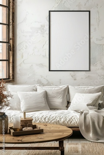 Modern wooden frame poster mockup on living room furniture, 3d render frame mockup.