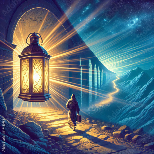 Concept illustration for Psalm 119 105, showing a lantern illuminating the path of someone walking in sandals.
