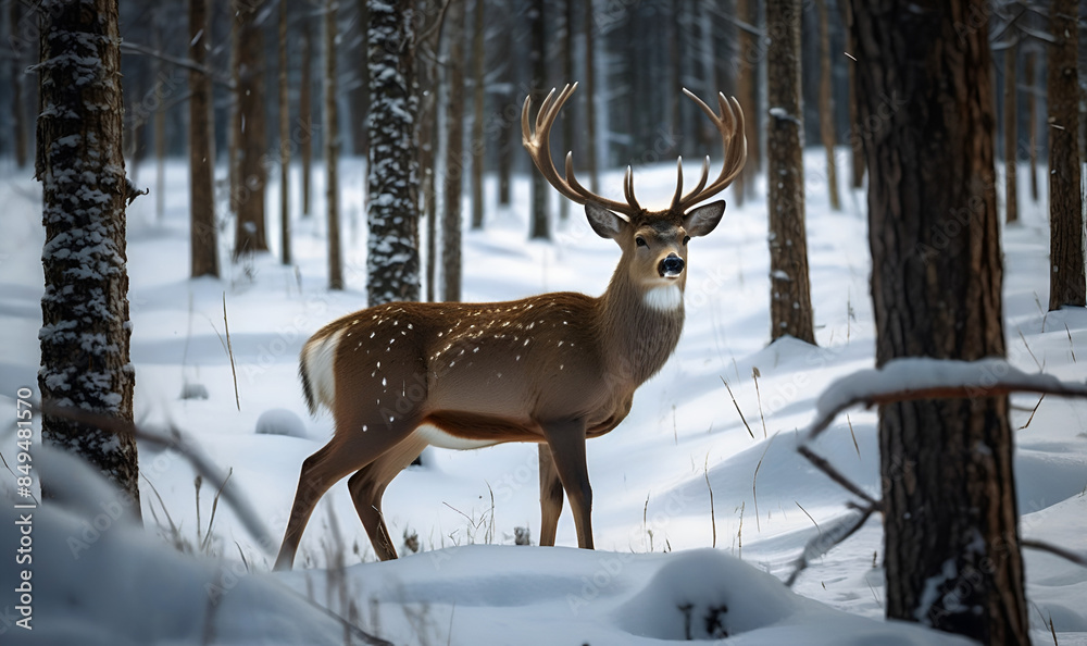 Fototapeta premium A beautiful adult Deer, against a forest background in winter
