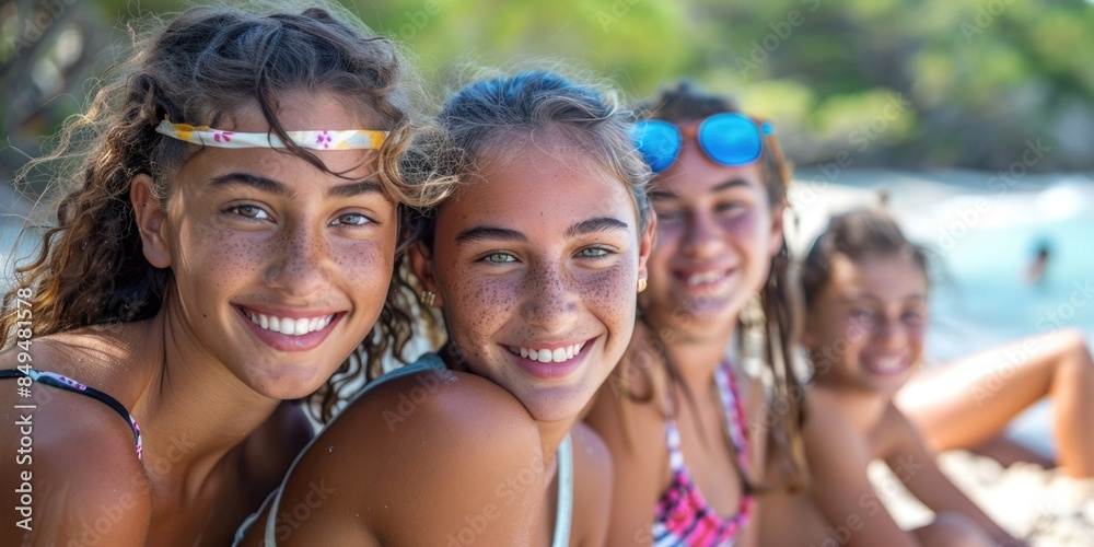 portrait of happy European teens relaxing on Okinawa beach. ai generated