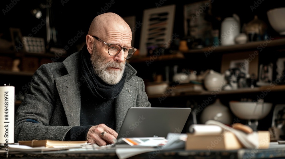 An elderly entrepreneur with glasses is focused and working on a laptop in a cozy, dimly-lit room filled with various books and items. An elderly entrepreneur with glasses is focused and working on a laptop in a cozy, dimly-lit room filled with various books and items.